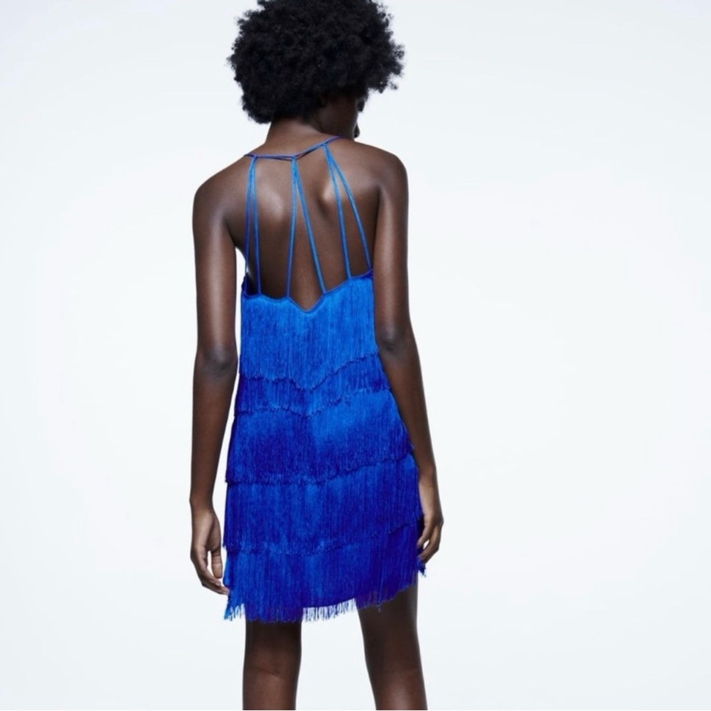 Zara Women’s Blue Fringe Mini Dress Sz S NWT Maximalism Holiday Cocktail Party - Picture 9 of 10